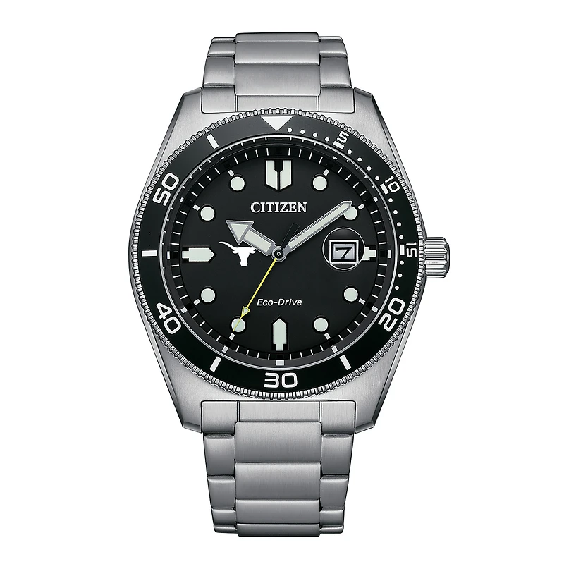 Men's Citizen Watch Silver Texas Longhorns Eco-Drive Sport Casual Stainless Black Dial Steel Watch