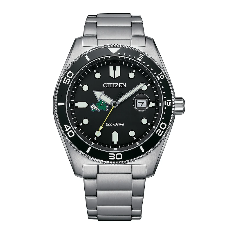 Men's Citizen Watch Silver Tulane Green Wave Eco-Drive Sport Casual Stainless Black Dial Steel Watch