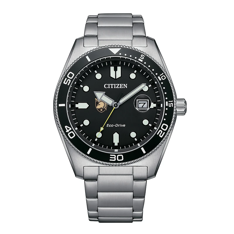 Men's Citizen Watch Silver Army Black Knights Eco-Drive Sport Casual Stainless Black Dial Steel Watch