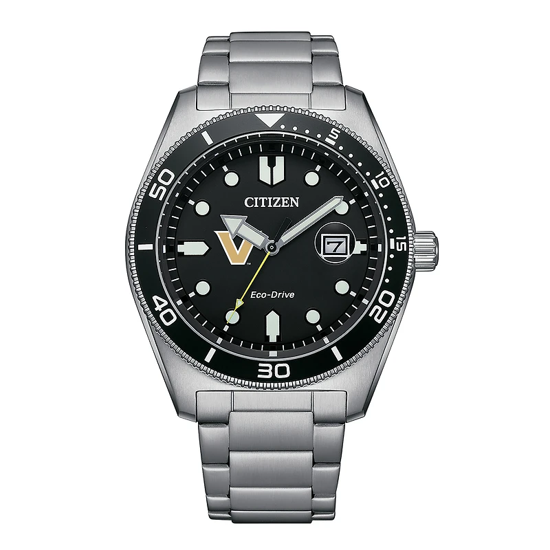 Men's Citizen Watch Silver Vanderbilt Commodores Eco-Drive Sport Casual Stainless Black Dial Steel Watch