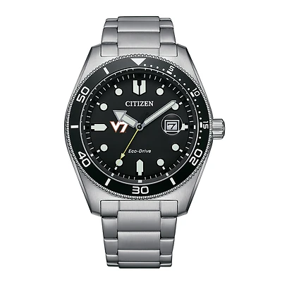 Men's Citizen Watch Silver Virginia Tech Hokies Eco-Drive Sport Casual Stainless Black Dial Steel Watch