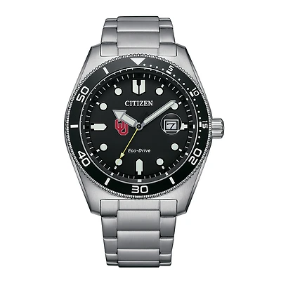 Men's Citizen Watch Silver Oklahoma Sooners Eco-Drive Sport Casual Stainless Black Dial Steel Watch