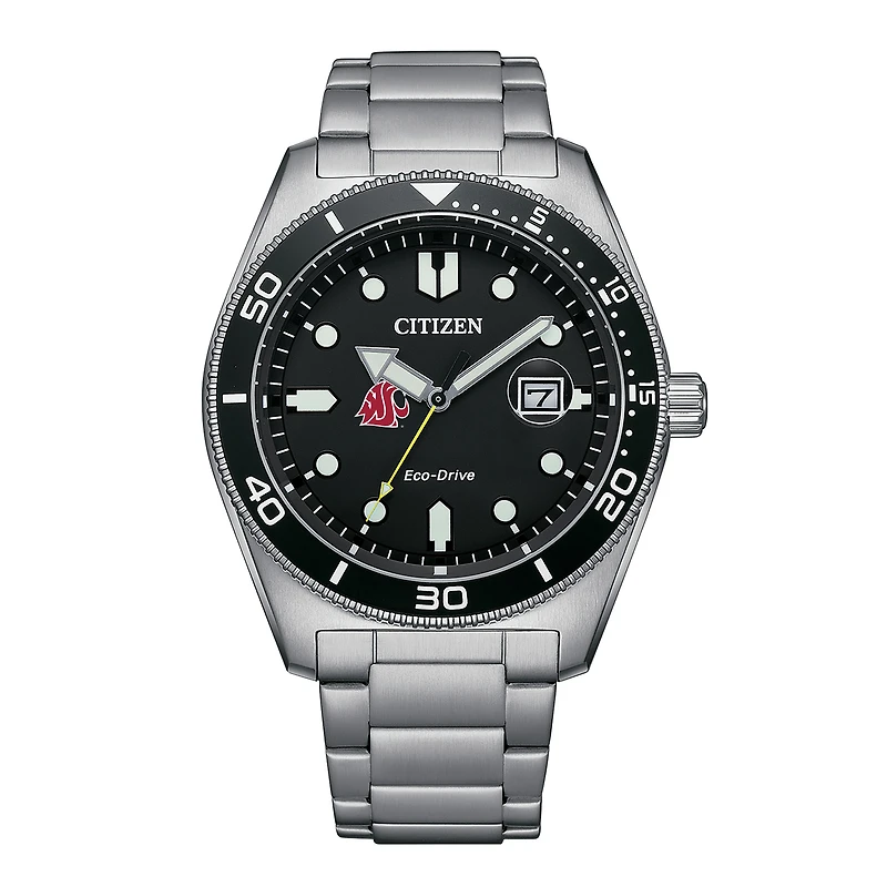 Men's Citizen Watch Silver Washington State Cougars Eco-Drive Sport Casual Stainless Black Dial Steel Watch