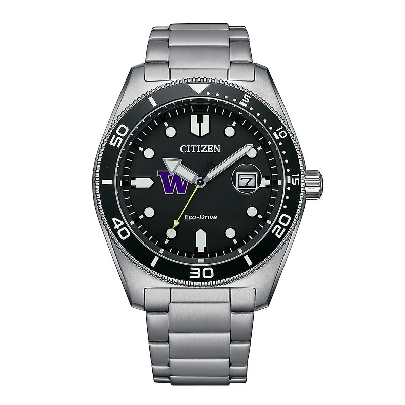Men's Citizen Watch Silver Washington Huskies Eco-Drive Sport Casual Stainless Black Dial Steel Watch