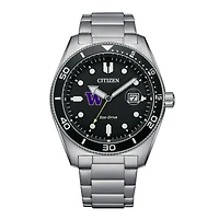 Men's Citizen Watch Silver Washington Huskies Eco-Drive Sport Casual Stainless Black Dial Steel Watch