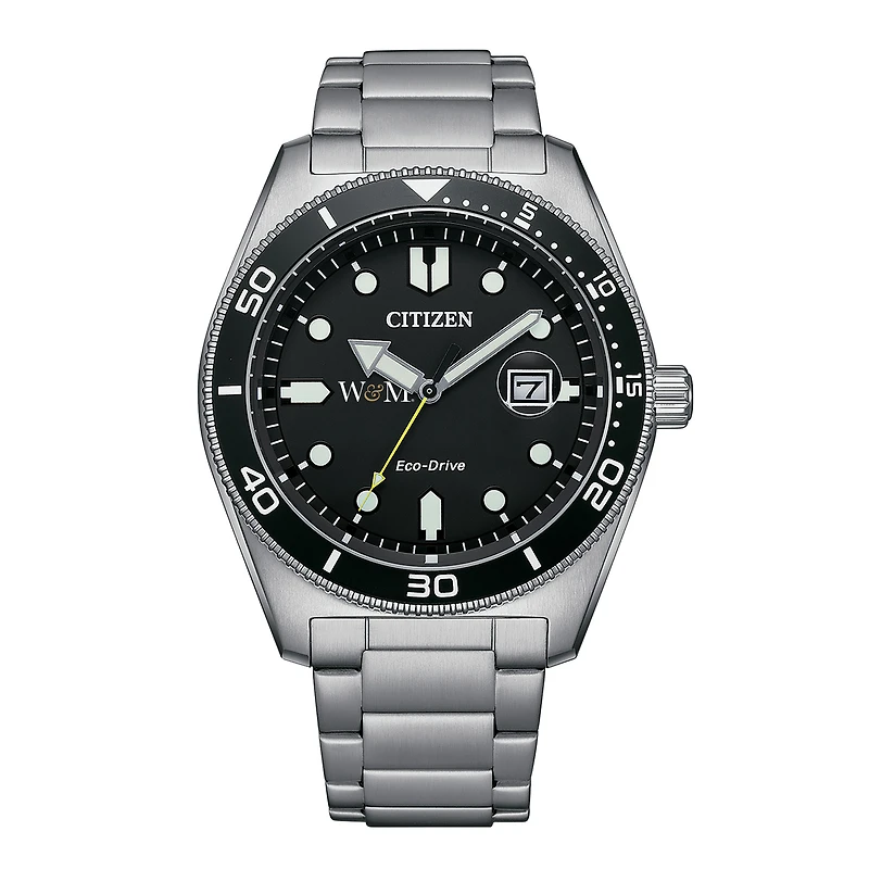 Men's Citizen Watch Silver William & Mary Tribe Eco-Drive Sport Casual Stainless Black Dial Steel Watch