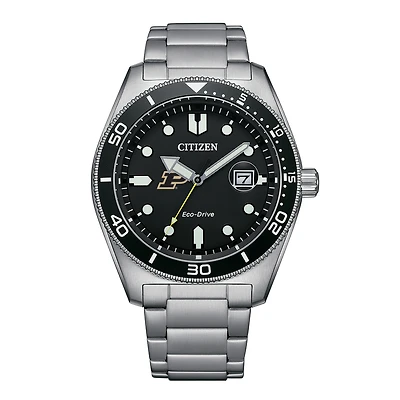 Men's Citizen Watch Silver Purdue Boilermakers Eco-Drive Sport Casual Stainless Black Dial Steel Watch