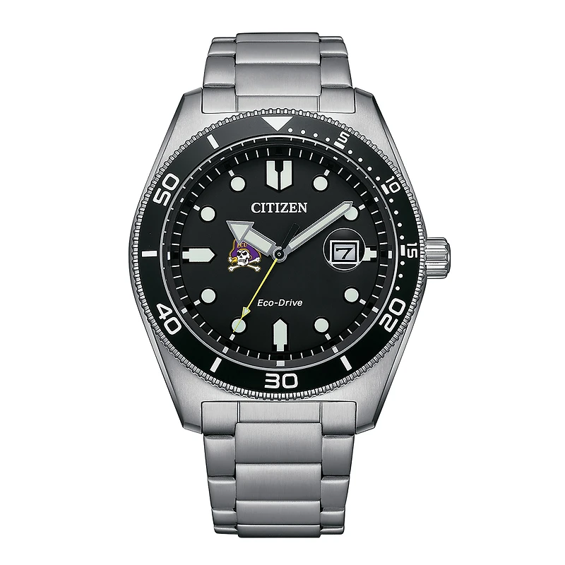 Men's Citizen Watch Silver ECU Pirates Eco-Drive Sport Casual Stainless Black Dial Steel Watch