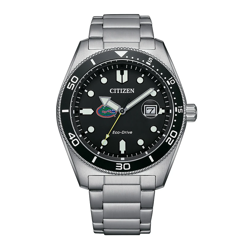 Men's Citizen Watch Silver Florida Gators Eco-Drive Sport Casual Stainless Black Dial Steel Watch