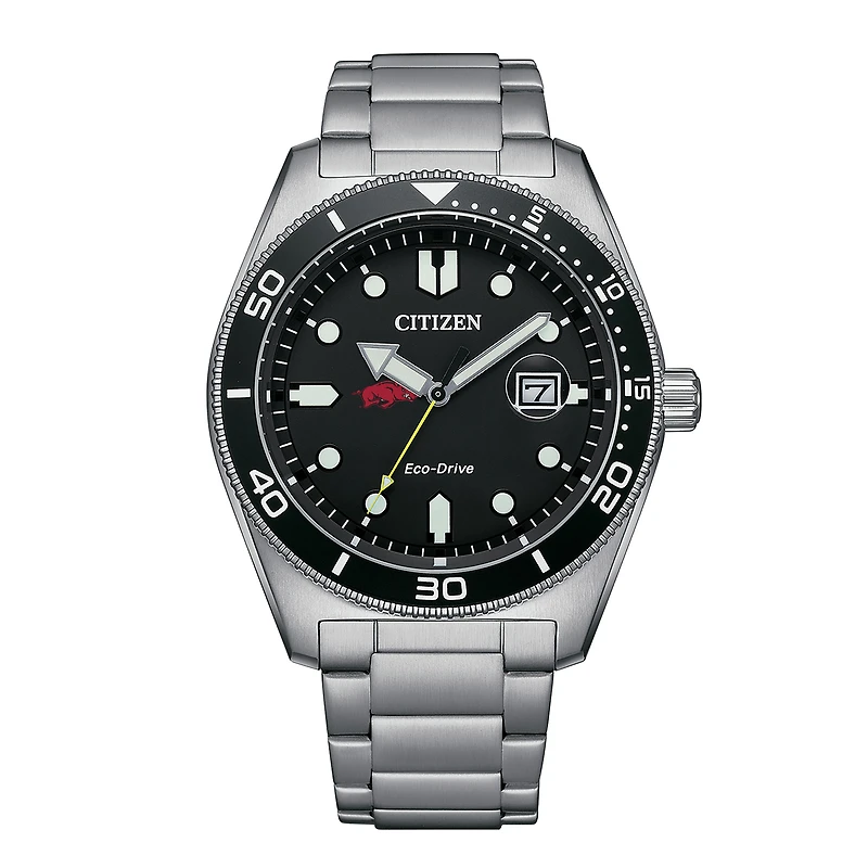 Men's Citizen Watch Silver Arkansas Razorbacks Eco-Drive Sport Casual Stainless Black Dial Steel Watch