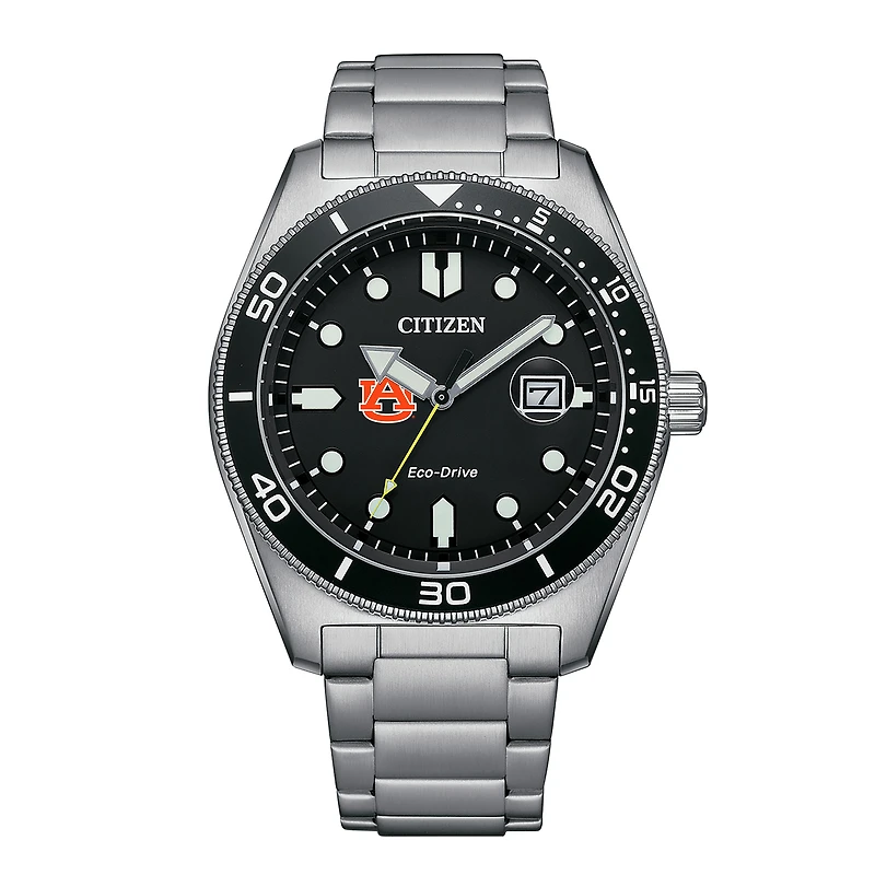 Men's Citizen Watch Silver Auburn Tigers Eco-Drive Sport Casual Stainless Black Dial Steel Watch