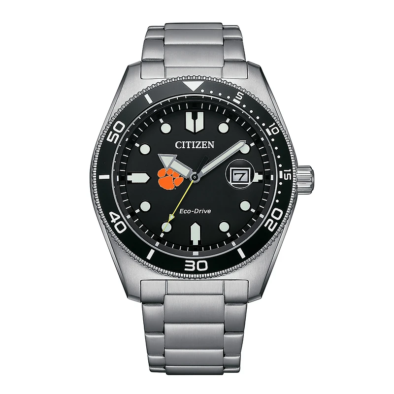 Men's Citizen Watch Silver Clemson Tigers Eco-Drive Sport Casual Stainless Black Dial Steel Watch