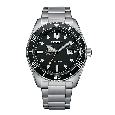 Men's Citizen Watch Silver Colorado Buffaloes Eco-Drive Sport Casual Stainless Black Dial Steel Watch