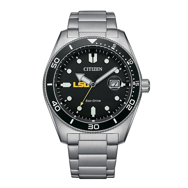 Men's Citizen Watch Silver LSU Tigers Eco-Drive Sport Casual Stainless Black Dial Steel Watch