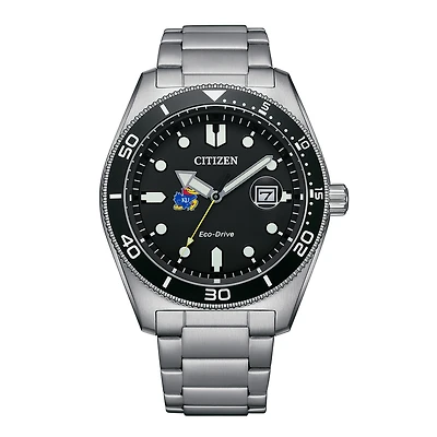 Men's Citizen Watch Silver Kansas Jayhawks Eco-Drive Sport Casual Stainless Black Dial Steel Watch