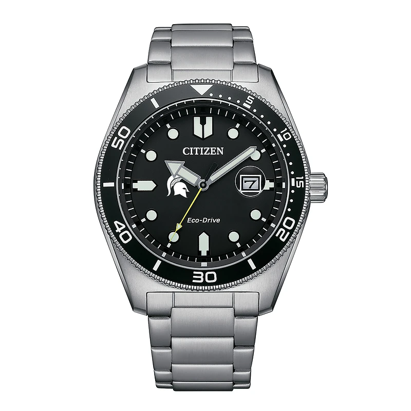 Men's Citizen Watch Silver Michigan State Spartans Eco-Drive Sport Casual Stainless Black Dial Steel Watch