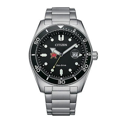 Men's Citizen Watch Silver Maryland Terrapins Eco-Drive Sport Casual Stainless Black Dial Steel Watch