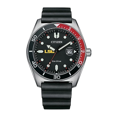 Men's Citizen Watch Black LSU Tigers Eco-Drive Sport Casual Black Dial Watch w/Polyurethane Strap