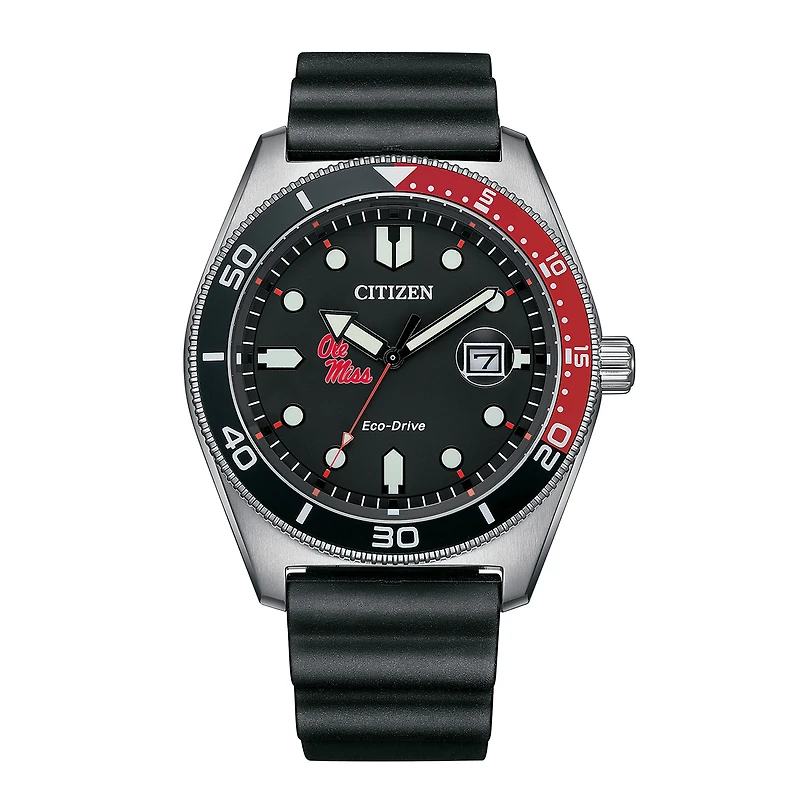 Men's Citizen Watch Black Ole Miss Rebels Eco-Drive Sport Casual Black Dial Watch w/Polyurethane Strap