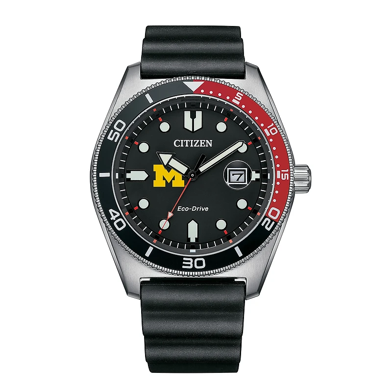 Men's Citizen Watch Black Michigan Wolverines Eco-Drive Sport Casual Black Dial Watch w/Polyurethane Strap