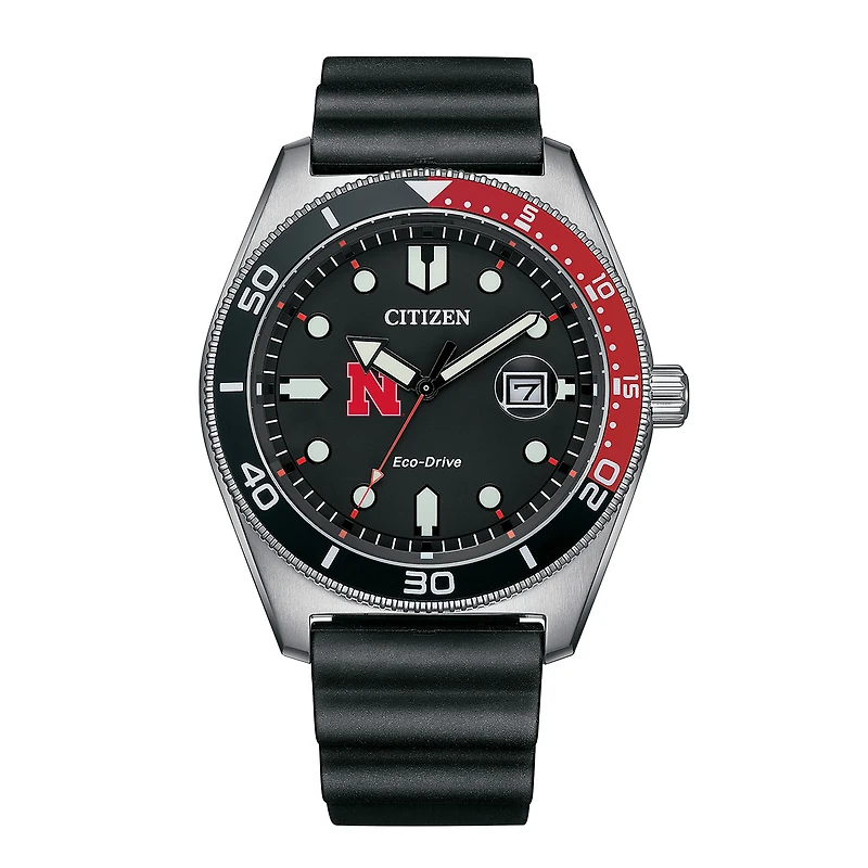Men's Citizen Watch Black Nebraska Huskers Eco-Drive Sport Casual Black Dial Watch w/Polyurethane Strap
