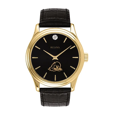 Men's Bulova Gold Delaware Fightin' Blue Hens Leather Strap Watch with Diamond Black Dial