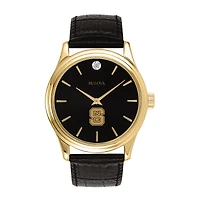 Men's Bulova Gold NC State Wolfpack Leather Strap Watch with Diamond Black Dial