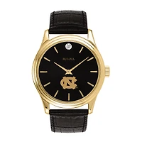Men's Bulova Gold North Carolina Tar Heels Leather Strap Watch with Diamond Black Dial