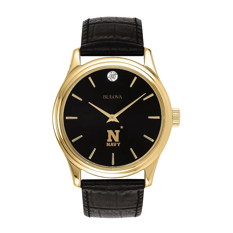 Men's Bulova Gold Navy Midshipmen Leather Strap Watch with Diamond Black Dial