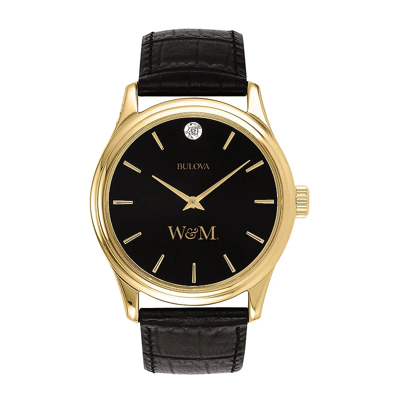 Men's Bulova Gold William & Mary Tribe Leather Strap Watch with Diamond Black Dial