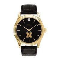 Men's Bulova Gold Nebraska Huskers Leather Strap Watch with Diamond Black Dial