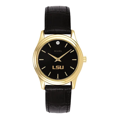 Women's Bulova Gold LSU Tigers Leather Strap Watch with Diamond Black Dial