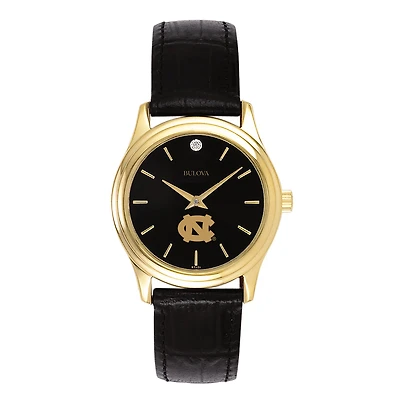 Women's Bulova Gold North Carolina Tar Heels Leather Strap Watch with Diamond Black Dial