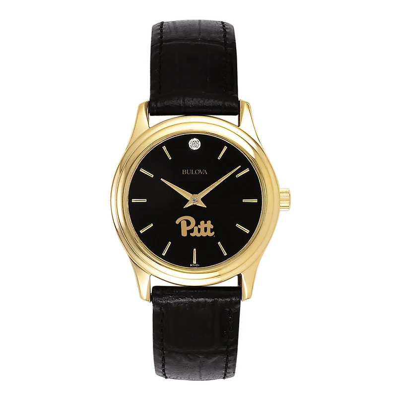 Women's Bulova Gold Pitt Panthers Leather Strap Watch with Diamond Black Dial