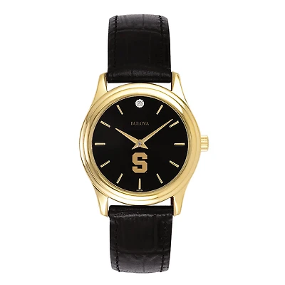 Women's Bulova Gold Syracuse Orange Leather Strap Watch with Diamond Black Dial