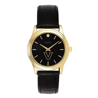 Women's Bulova Gold Vanderbilt Commodores Leather Strap Watch with Diamond Black Dial
