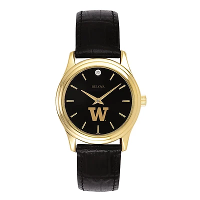 Women's Bulova Gold Washington Huskies Leather Strap Watch with Diamond Black Dial