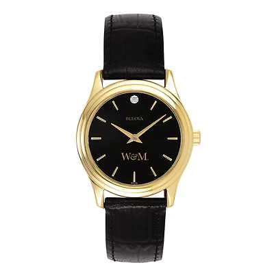Women's Bulova Gold William & Mary Tribe Leather Strap Watch with Diamond Black Dial