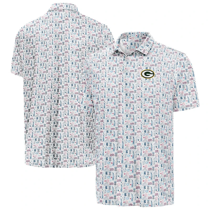 Men's Antigua White Green Bay Packers America 250 Freedom Desert Dry Polo