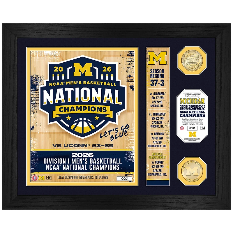 Highland Mint Michigan Wolverines 2026 NCAA Men's Basketball National Champions 15" x 18" Team Force Bronze Two-Coin Photo Mint