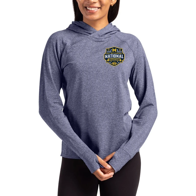 Women's Cutter & Buck Heather Navy Michigan Wolverines 2026 NCAA Men's Basketball National Champions Adapt Knit Recycled Raglan Hoodie
