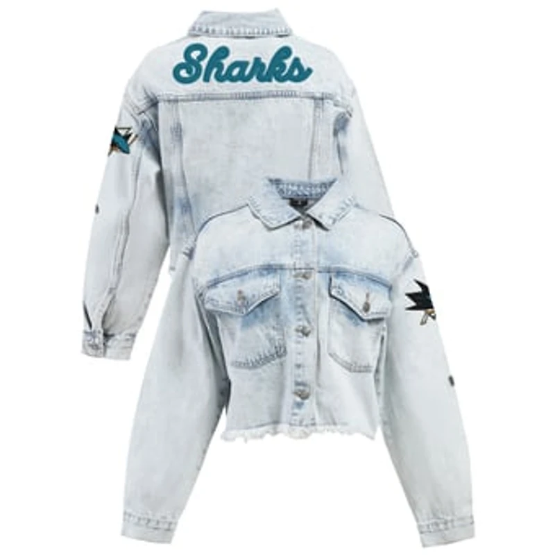 Women's Hype and Vice Denim San Jose Sharks Chenille Raw Edge Cropped Full-Button Jean Jacket