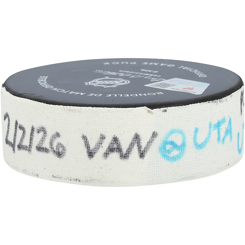 Lawson Crouse Utah Mammoth Game-Used Goal Puck from February 2, 2026 vs. Vancouver Canucks