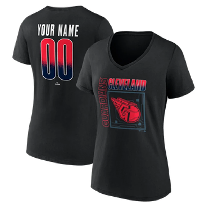 Women's Black Cleveland Guardians Home Field Pop Personalized Name & Number V-Neck T-Shirt
