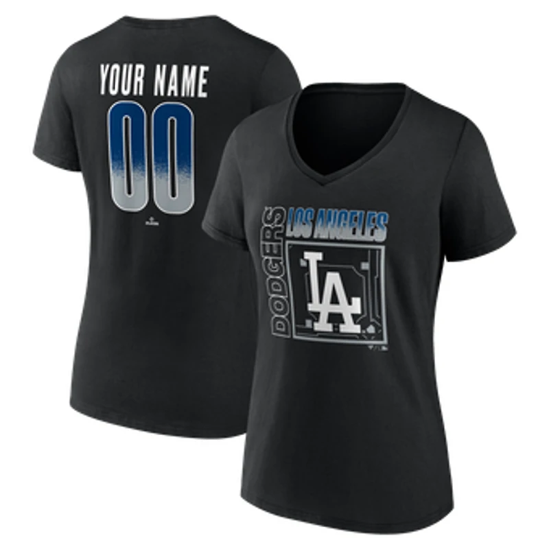 Women's Black Los Angeles Dodgers Home Field Pop Personalized Name & Number V-Neck T-Shirt