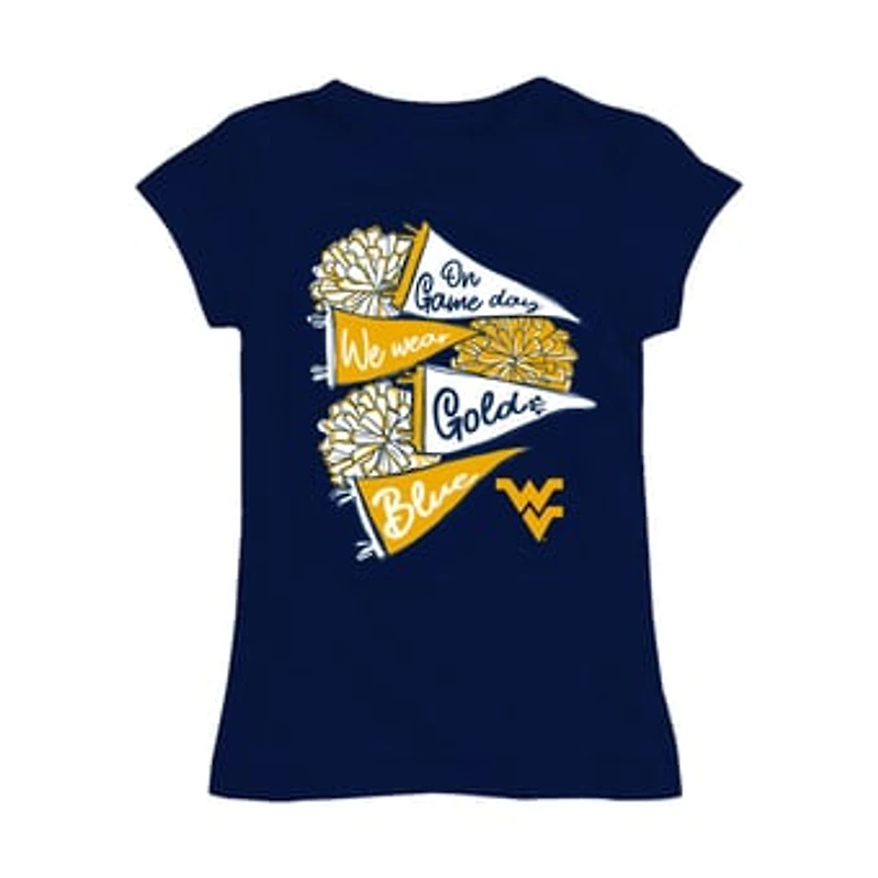 Girls Youth Vive La Fete Navy West Virginia Mountaineers Game Day Spirit Cheer Fitted T-Shirt