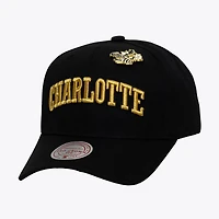 Men's Mitchell & Ness Black Charlotte Hornets Hardwood Classics Pinned Gold Pro Crown Snapback Hat
