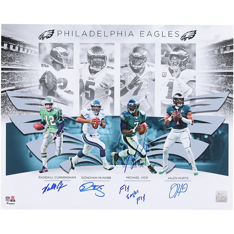 Jalen Hurts, Randall Cunningham, Michael Vick, & Donovan McNabb Philadelphia Eagles Autographed 16" x 20" Eagles Quarterbacks Photograph with "Fly Eagles Fly" Inscription
