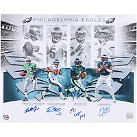Jalen Hurts, Randall Cunningham, Michael Vick, & Donovan McNabb Philadelphia Eagles Autographed 16" x 20" Eagles Quarterbacks Photograph with "Fly Eagles Fly" Inscription