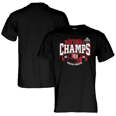 Unisex Blue 84 Black Denver Pioneers 2026 NCAA Frozen Four Men's Ice Hockey National Champions Hockey Puck T-Shirt